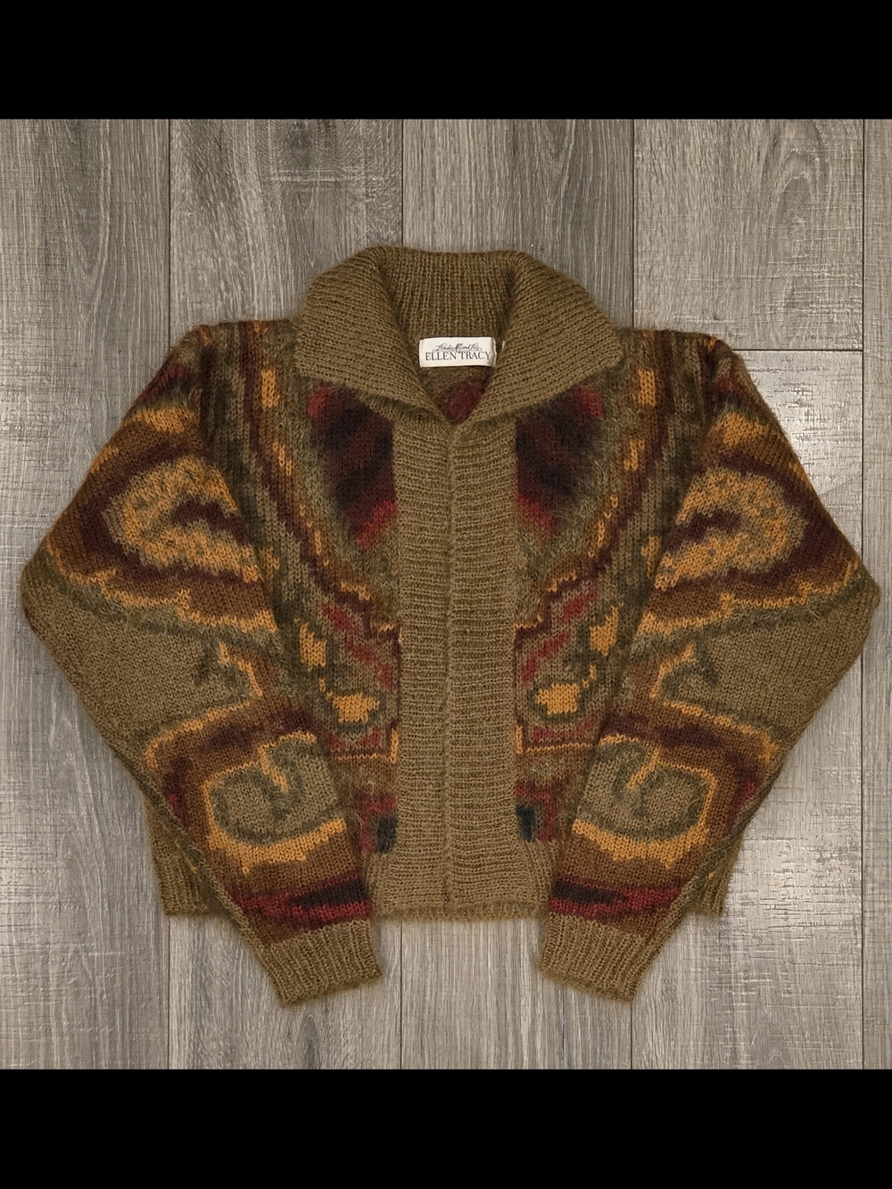 Ellen Tracy "BOHO" Vintage Y2K Brown Multicolor Shawl Collar Cardigan